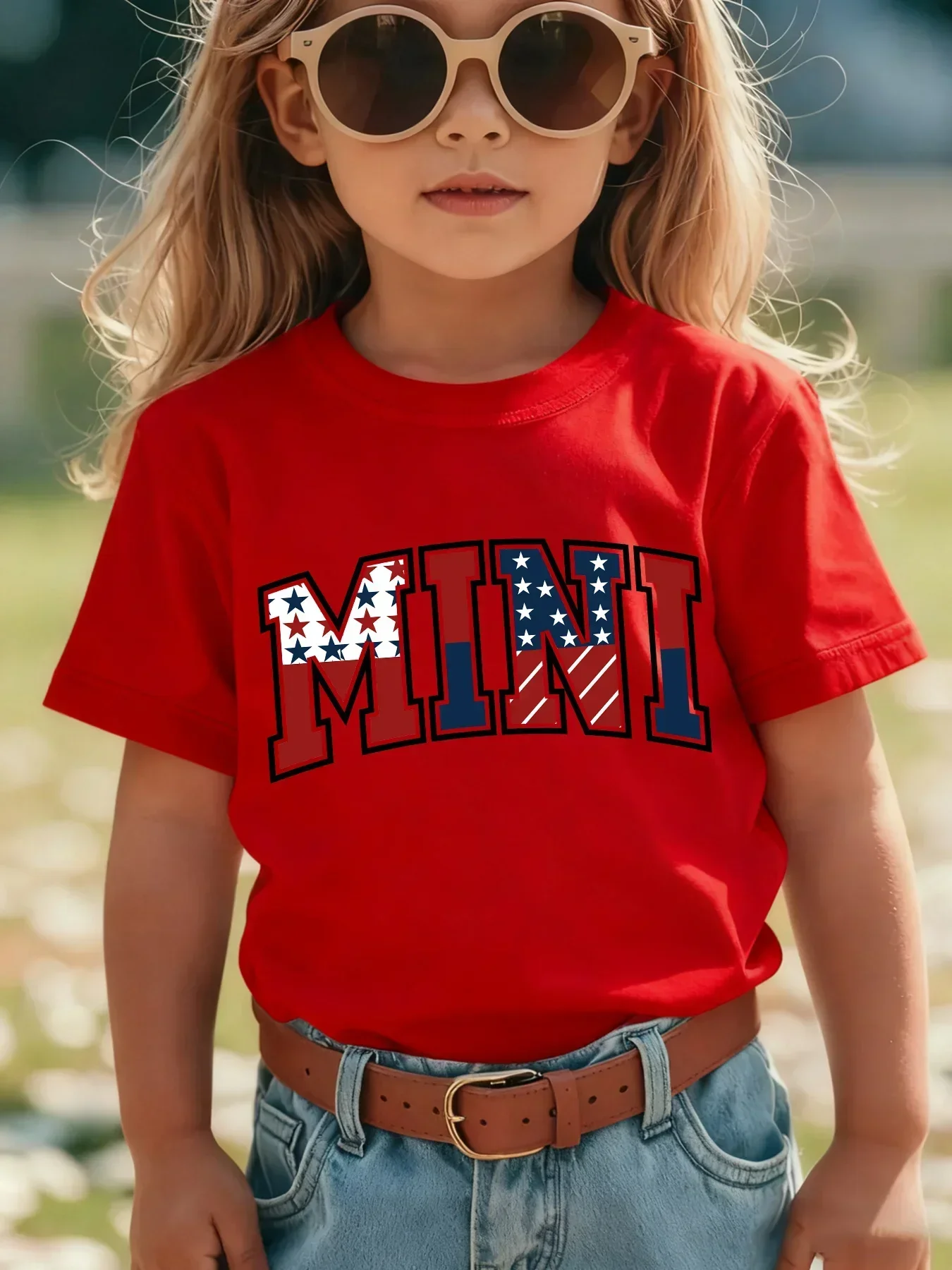 USA Flag Star Stripe Mini Letter Kids Tee Vintage College Font 4th of July Patriotic Girls Short Sleeve Fashion Top