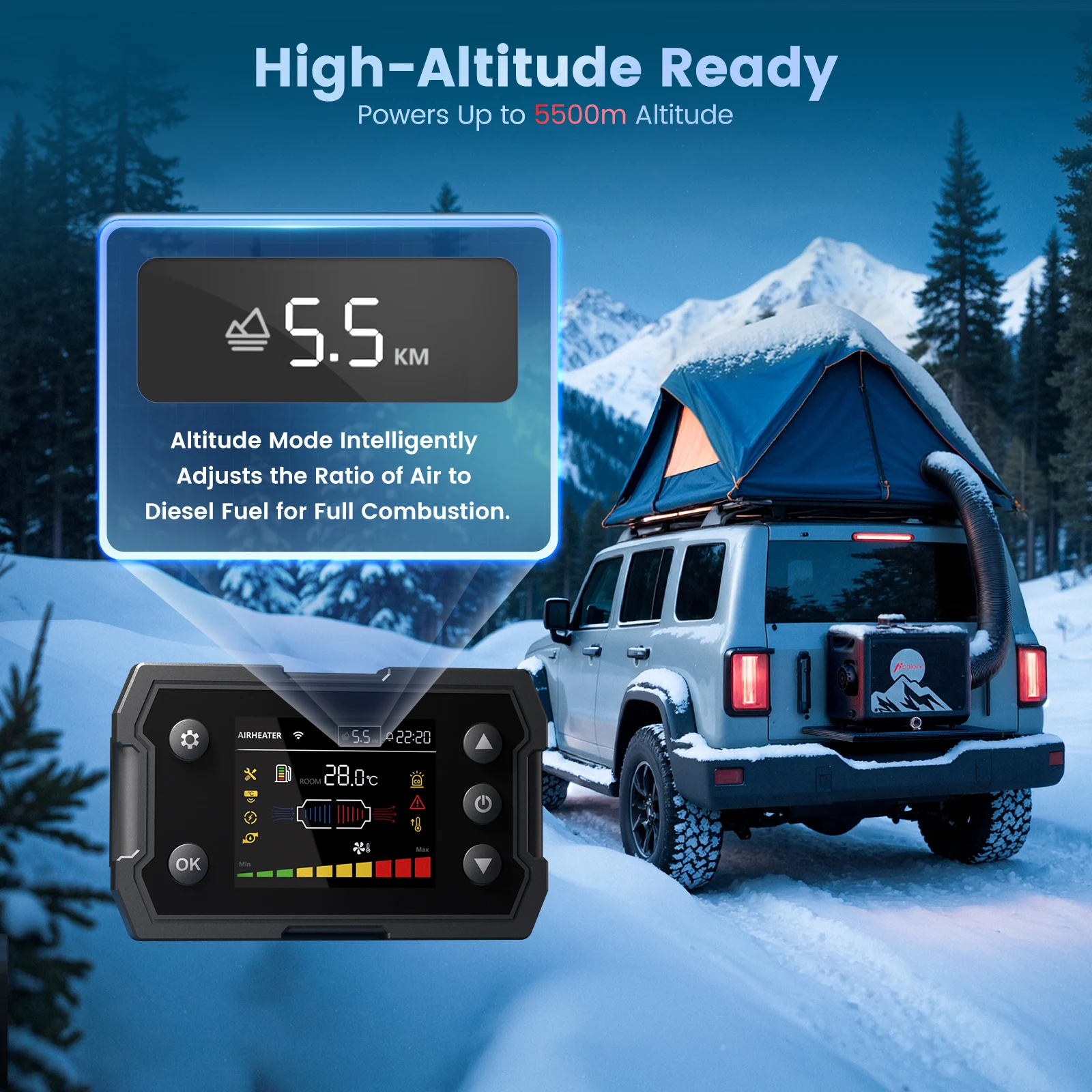 Hcalory 8 kW Upgrade Toolbox Max tragbare Diesel-Lufterhitzer, 100–240 V AC und 12/24 V DC Diesel-Hilfsheizung mit CO-Alarmsensor