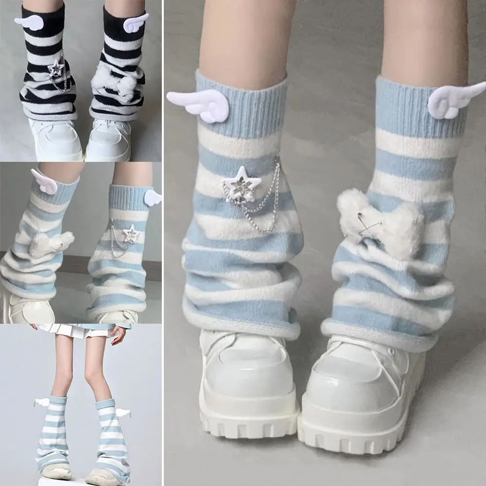 Y2K Original Leg Warmers Blue White Stripes Subculture Slouch Socks Wings Japanese Style Harajuku Socks