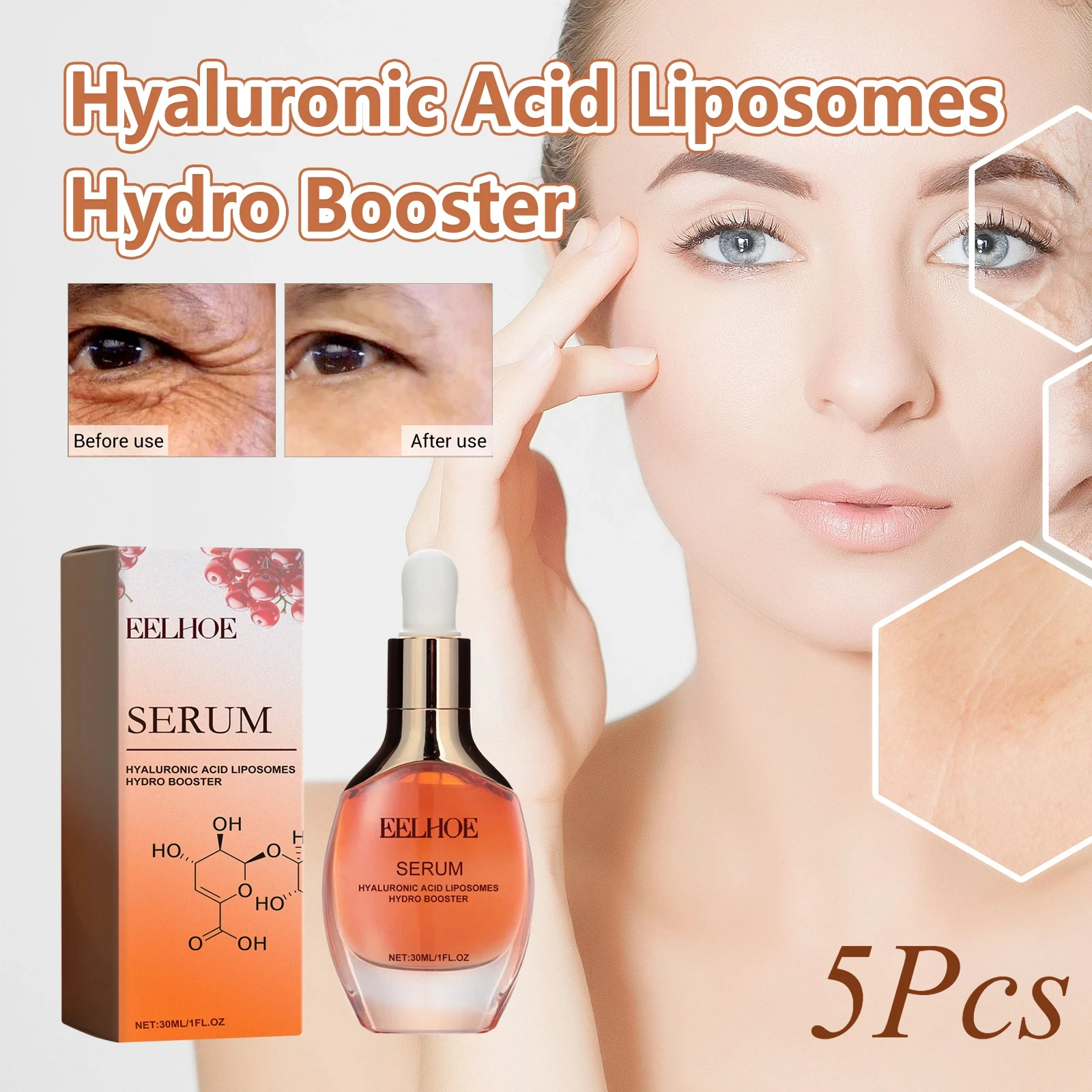 Hyaluronic Acid Facial Serum Firming Skin Diminishing Fine Lines Brightening Skin Tone Deep Moisturizing Face Care Essence 5 Pcs