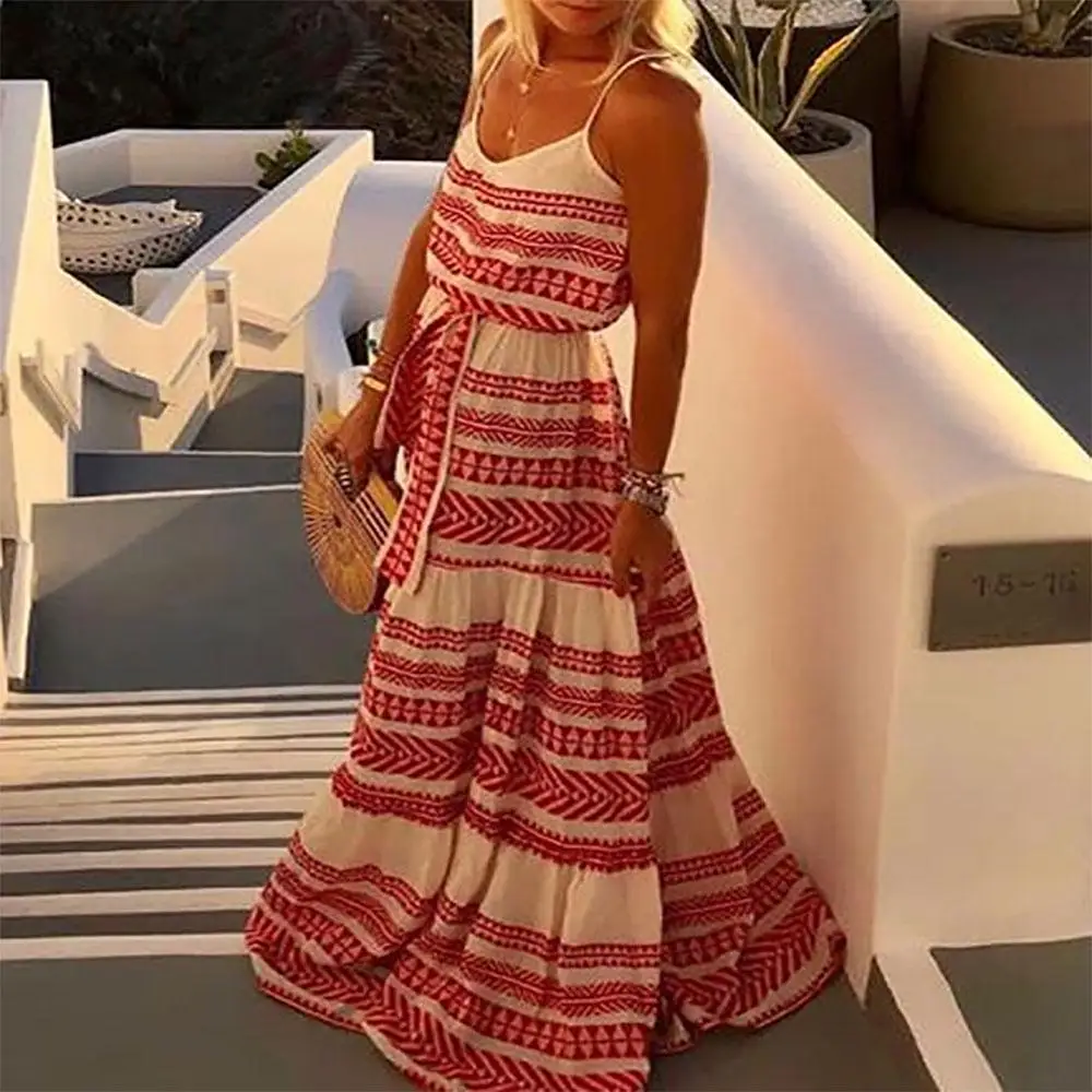 Vestido maxi feminino versátil com cintura amarrada e camadas Boho Stripe Detalhe Spaghetti Strap Design Vestido elegante