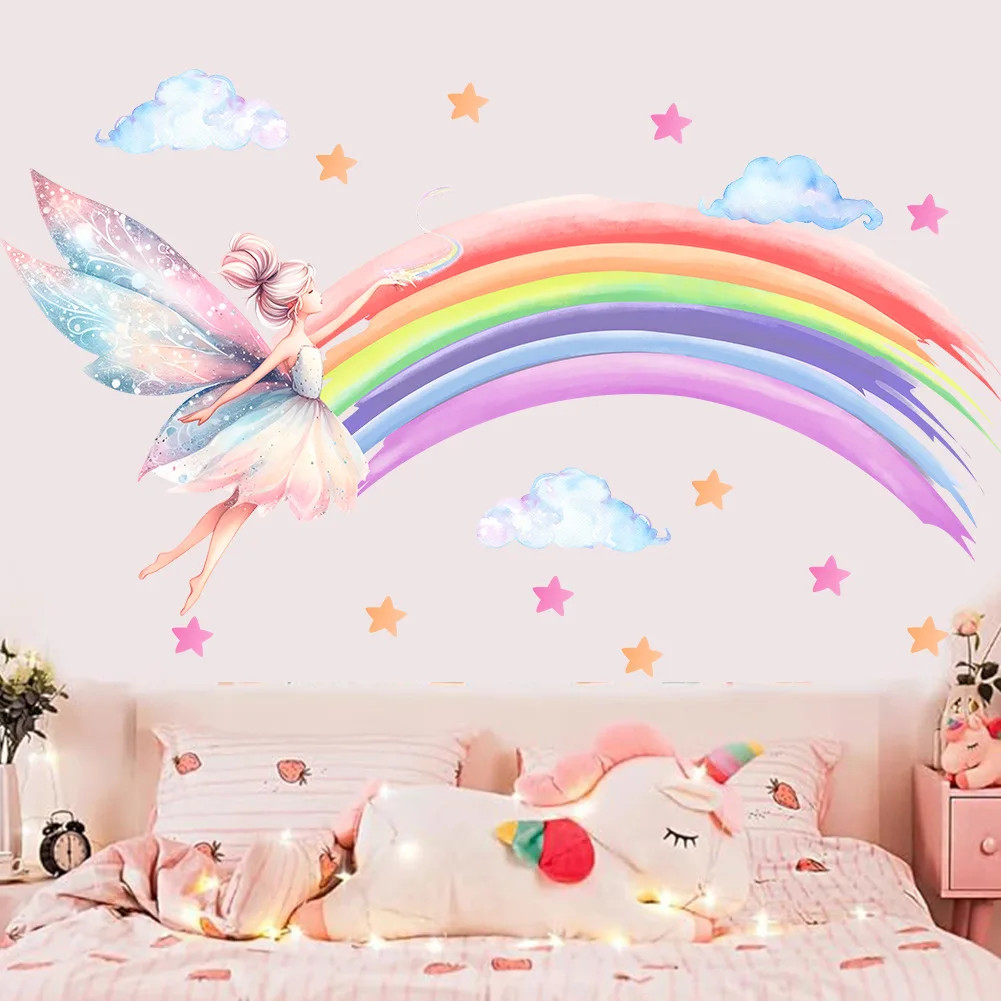 Cartoon Elf Girl Rainbow Wall Sticker Girls Room Cloud Elf Wall Sticker Children\'s Bedroom Decor Wallpaper Self-adhesive Decals