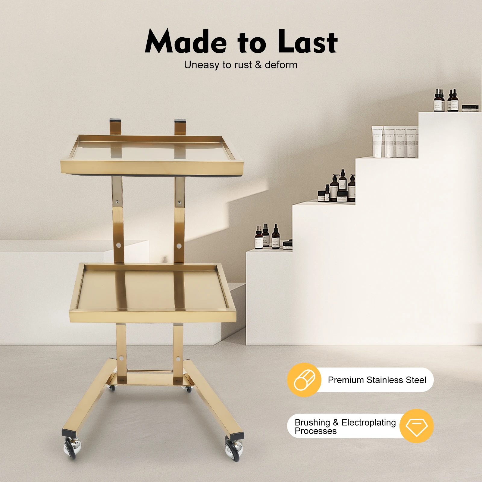 

Тележка для парикмахерских инструментов, 2-уровневая тележка из нержавеющей стали, золотого цвета, современная прямоугольная тележка на колесиках с нагрузкой 5 кг, напольная полная сборка