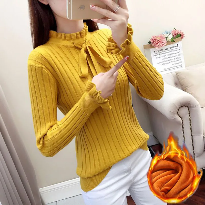 Butterfly knot new velvet knit sweater autumn and winter Korean version long sleeved slim fit pullover sweater