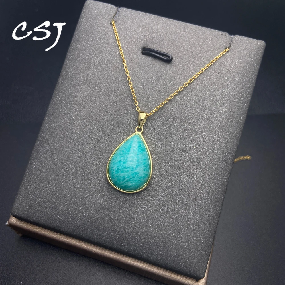 Elegant Natural Amazonite Pendant Pear Gemstone 13*18mm Labradorite 18K Yellow Gold Necklace for Women Party Birthday Gift