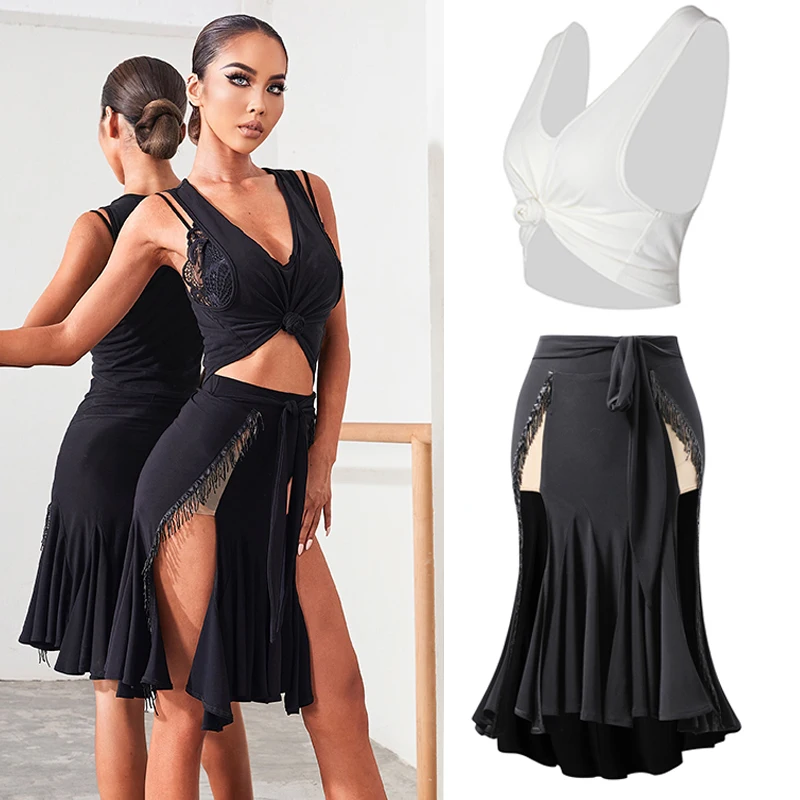 

Summer Latin Dance Costume For Women Crop Vest Hollow Fringes Latin Skirts Cha cha Rumba Samba Latin Dance Clothes SL6926 6927