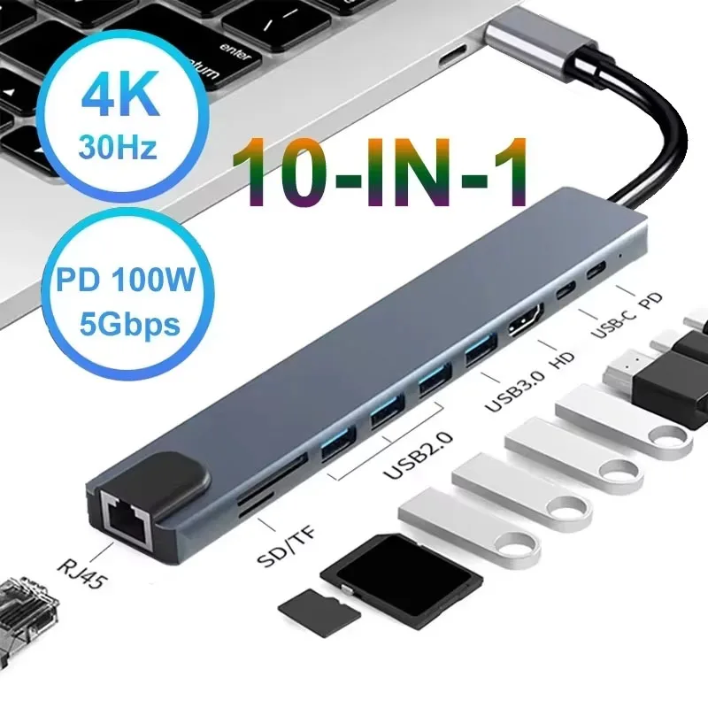 10 in 1 USB C HUB 4K30Hz Docking Station Type C to HDTV-Compatible RJ45 Ethernet PD100W for MacBook iPad Huawei Sumsang Phone