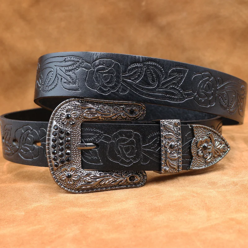 Western Flower Embossed Leather Strap Men Belts Rhinestone Flower Pin Buckle Jean Belt for women
