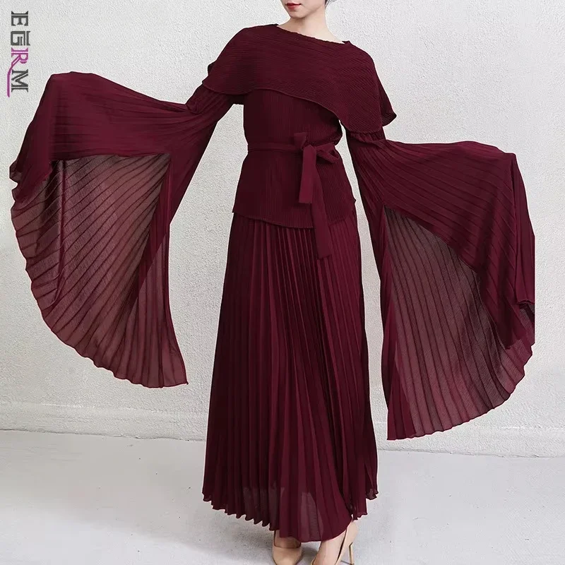 

EGRM Pleated 2 Pieces Set Women Evening Party Lapel Full Sleeve T Shirt and A-line Long Skirt Lace-up Elegant Clothing 5R6417