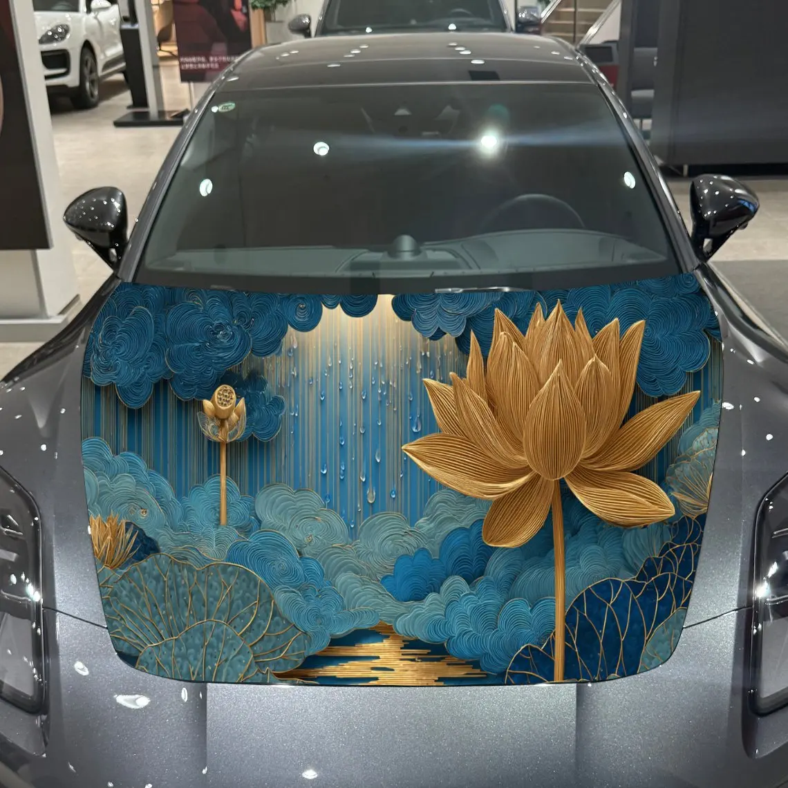 Luxury Gilded Lotus Cloud Oriental Adventure PVC Car Hood Wraps, Self-Adhesive Waterproof Car Bonnet Decal Sticker, Car Decorati