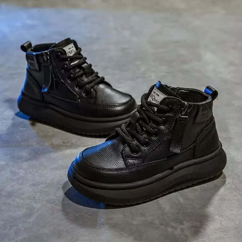 Unisex Kids Platform Leather Boots 2026 New Winter Kids High-top Sneakers Non-slip Trendy Versatile School Thermal Ankle Boots