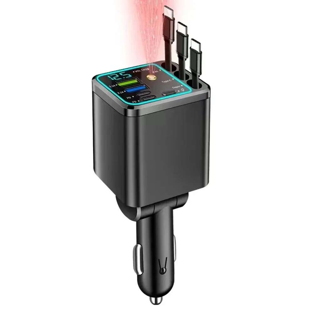 5-in-1 Einziehbares Auto-Ladegerät USB Typ C PD Einziehbares Kabel für iPhone Samsung Schnellladekabel Zigarettenanzünder-Adapter