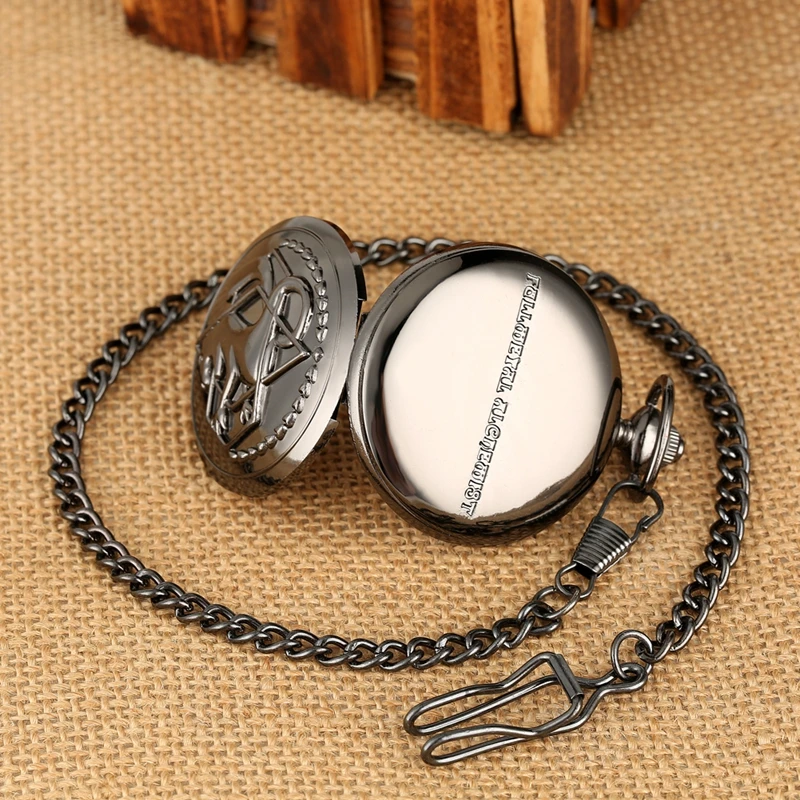 Vintage Black Fullmetal Alchemist Quartz Pocket Watch Steampunk Popular Edward Elric Necklace Chain Fans Cosplay Anime Clocks