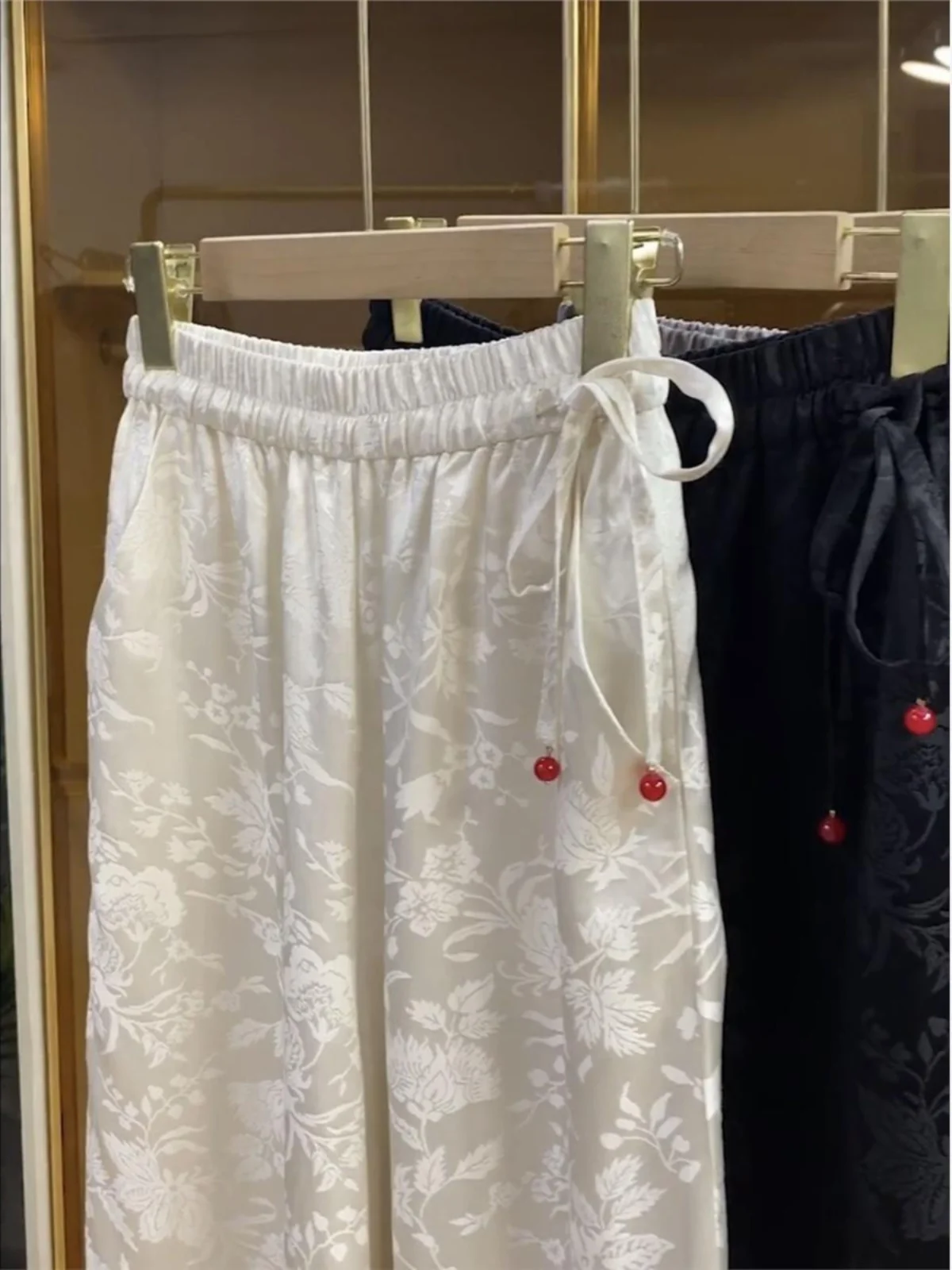 New National Style Embroidered Chinese High Waist Elastic Wide Women's Loose Drapey Straight Casual Pants Summer Long Trousers