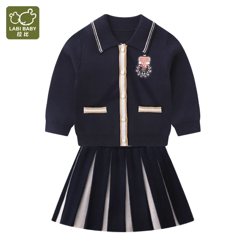 

LABI BABY Girls Luxury British Style Uniform Outfits High end Knitted Coat Cardigan Knit Skirt Autumn Korea Blue Girl Dress 1-6T