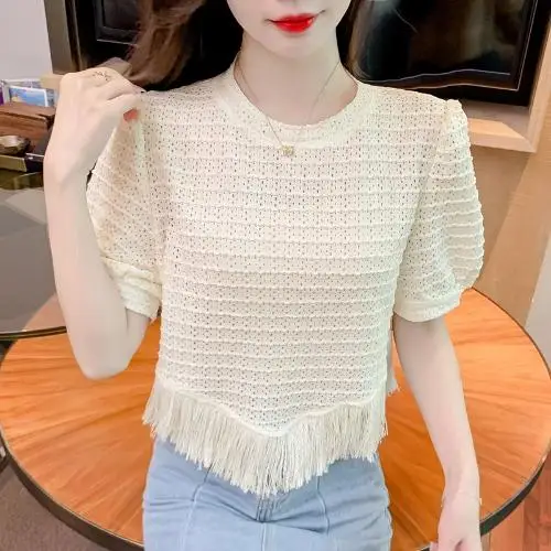 女性服夏の韓国のファッションタッセル無地 O ネックレディースエレガントなトレンド気質セレブ半袖 Tシャツ