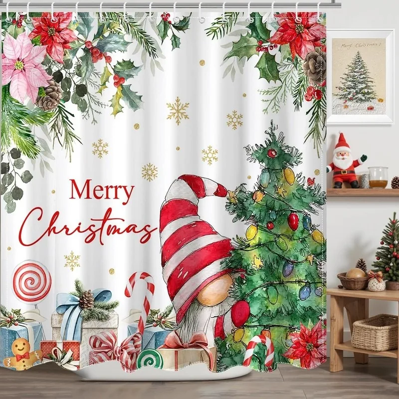 Christmas Striped Gnome Tree Candy Gift Box Shower Curtain 12 Hooks No Drilling Bathroom Decor Holiday Set