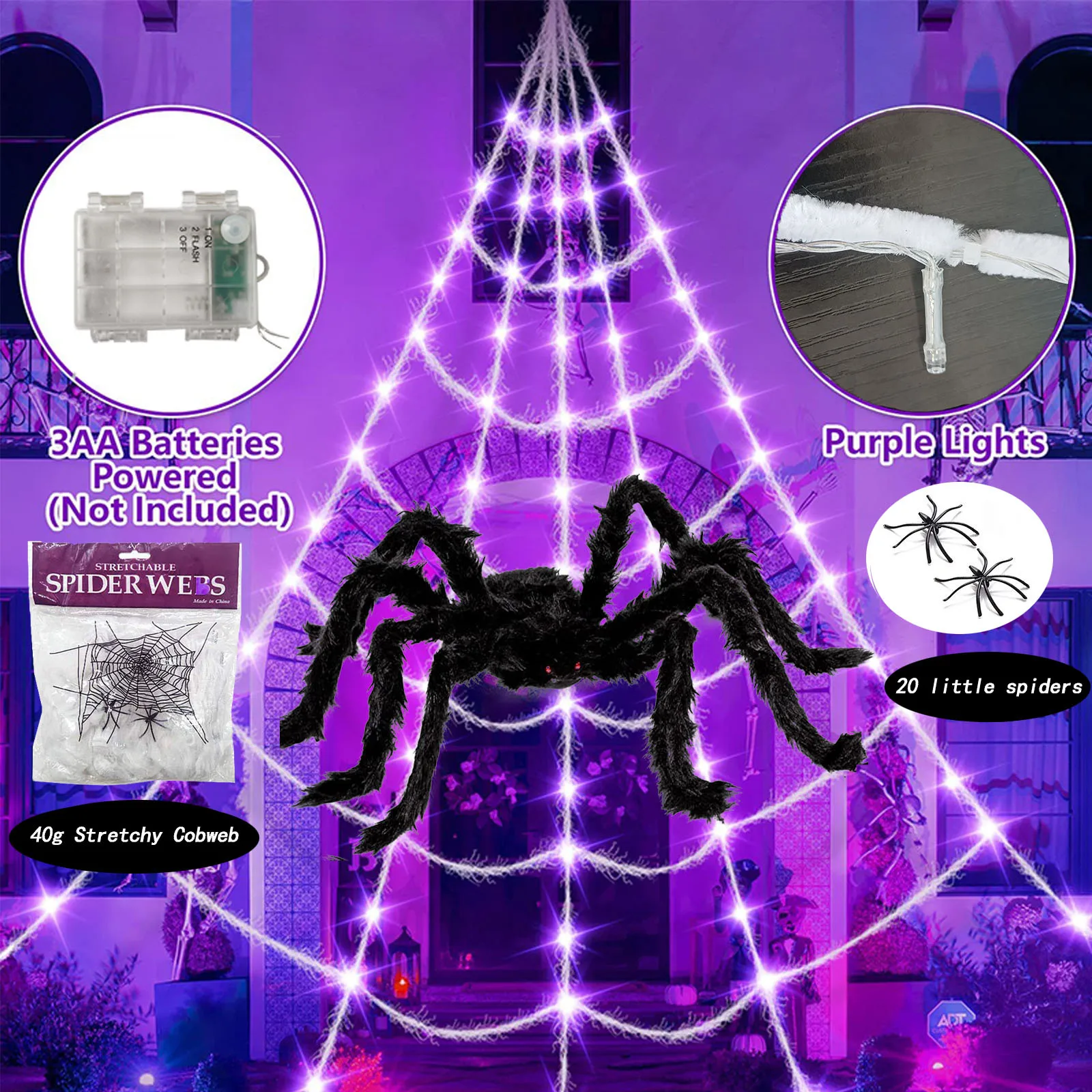 Decoração de Festa de Halloween, Teia de Aranha Luminosa, Pelúcia Gigante Preto, 8 Modos, 5m, 75 cm, 150 cm, 200cm