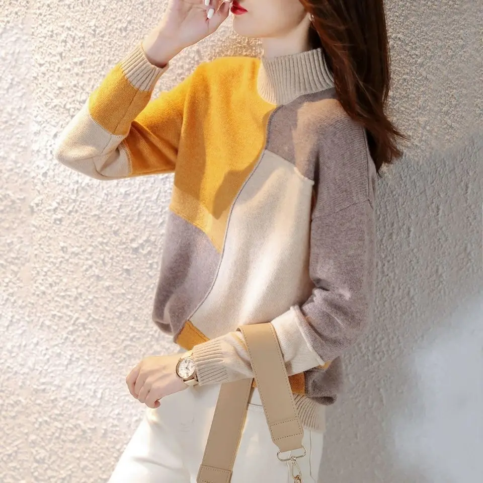 blocking half high collar thick sweater for women's loose fitting 2023 autumn/winter new fashionable base sweater trend