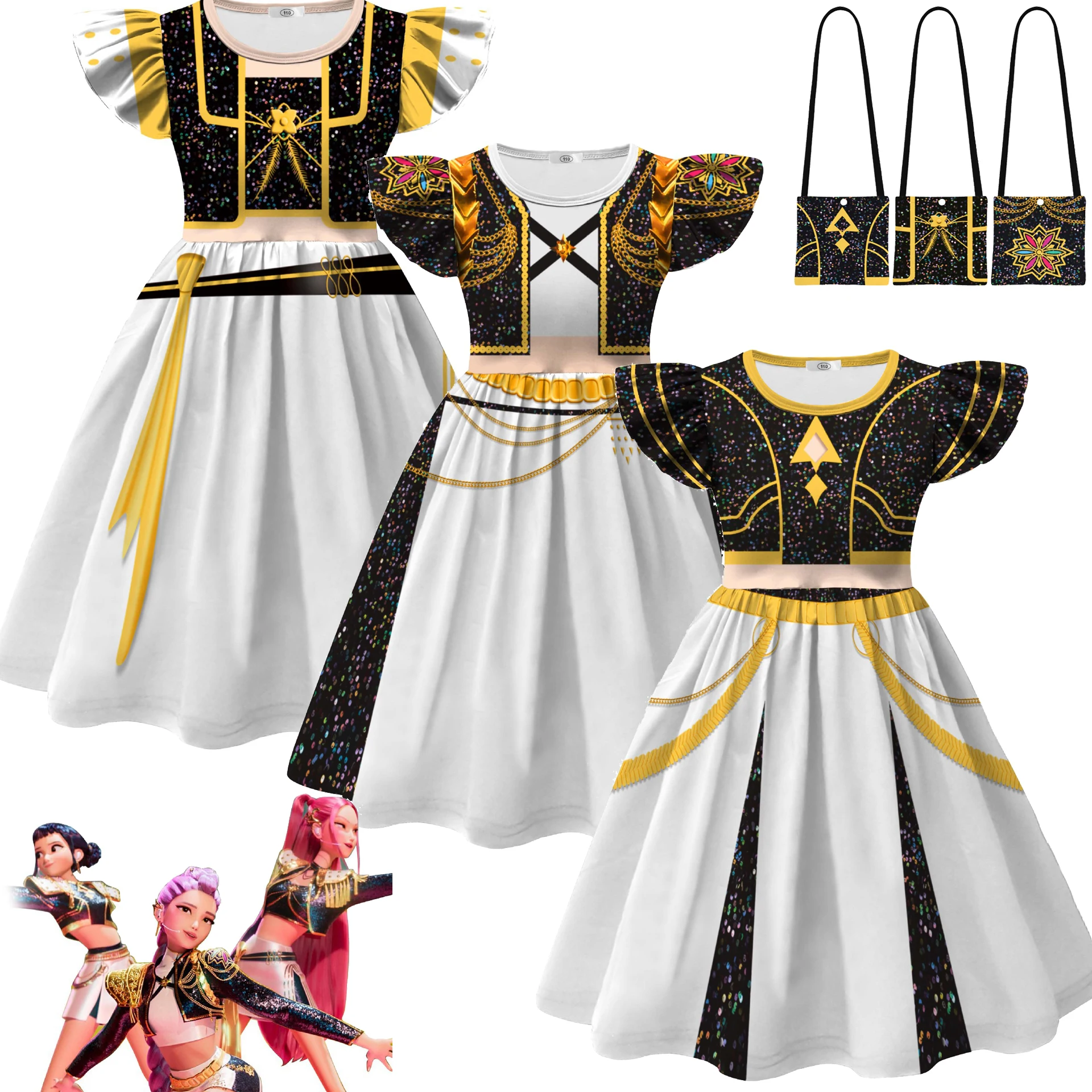 Kids K-Pop Demon Hunters Dress Rumi Zoey Mira Cosplay Costume Girls Children Casual Flying Sleeve Dresses Halloween Xmas Party