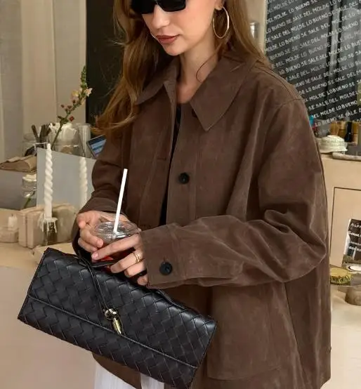 

Женская куртка с длинным рукавом, винтажный замшевый воротник, легкая, роскошная, осень и зима