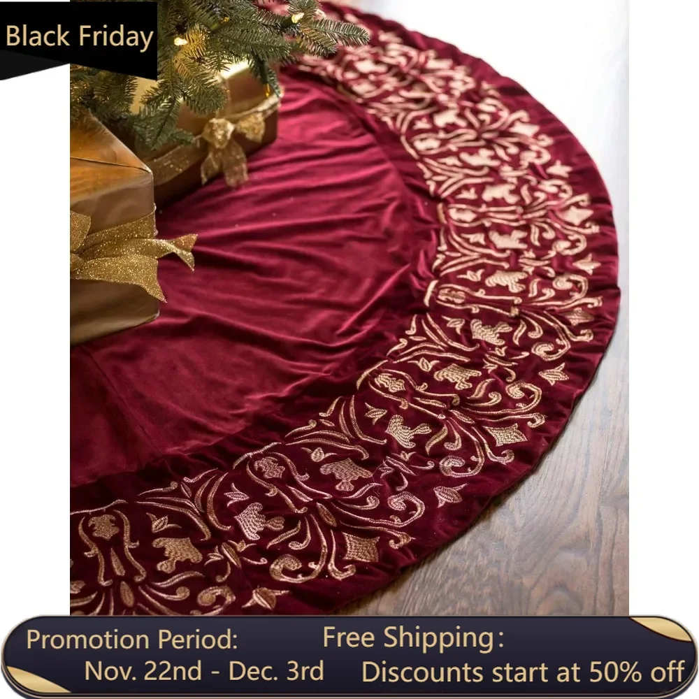 Luxe Embroidered Velvet Tree Skirt, 72 inches, Wine