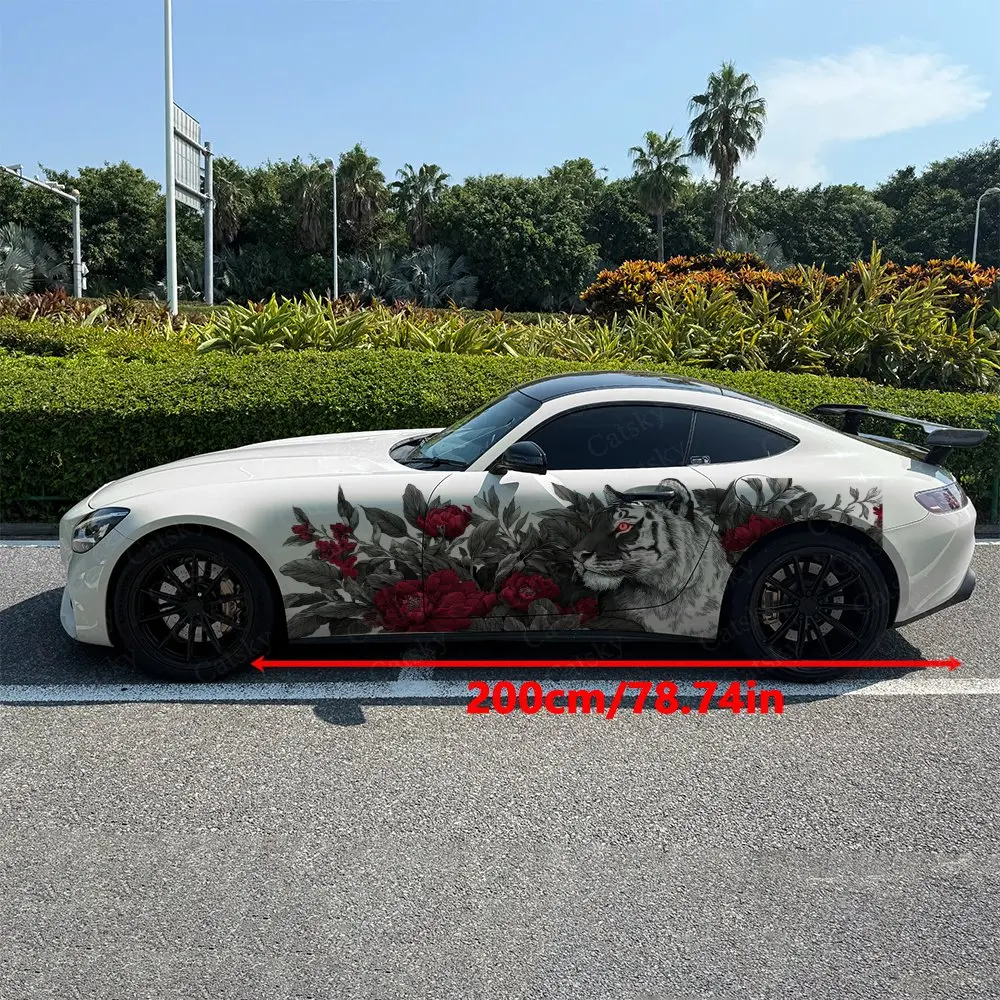 2pcs Tiger Head with Red Blossoms Car Side Wraps, Self-Adhesive PVC Waterproof & Scratch-Resistant Stickers, Car Accessory Gift