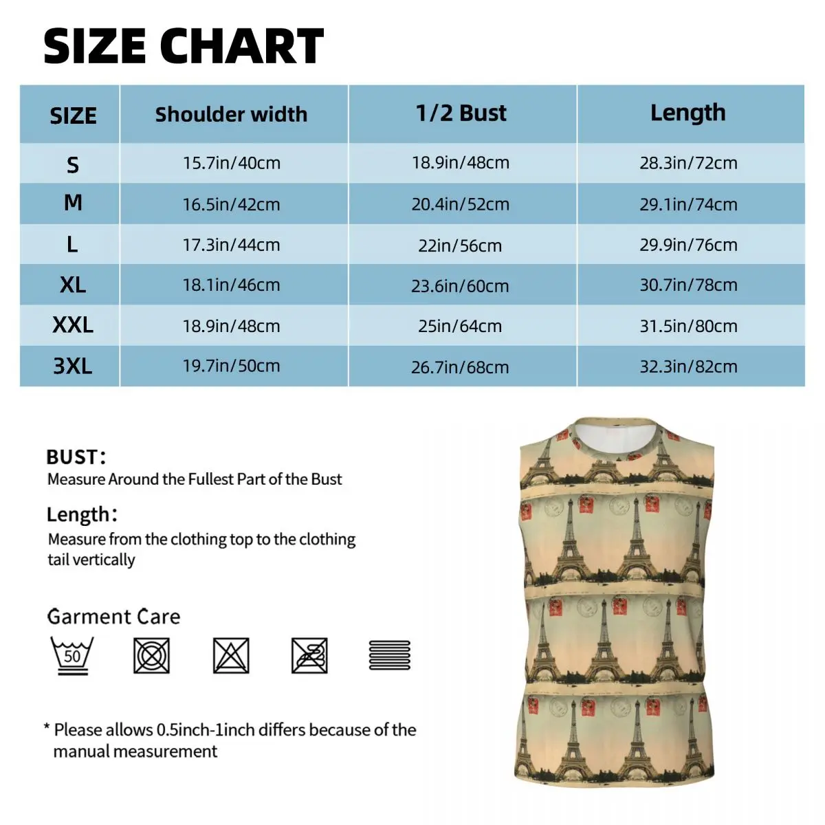Eiffel Tower Vintage French Postcard Men Printed Sleeveless T-shirt Casual Hip Hop Street Style Beach Holiday Tank Tops