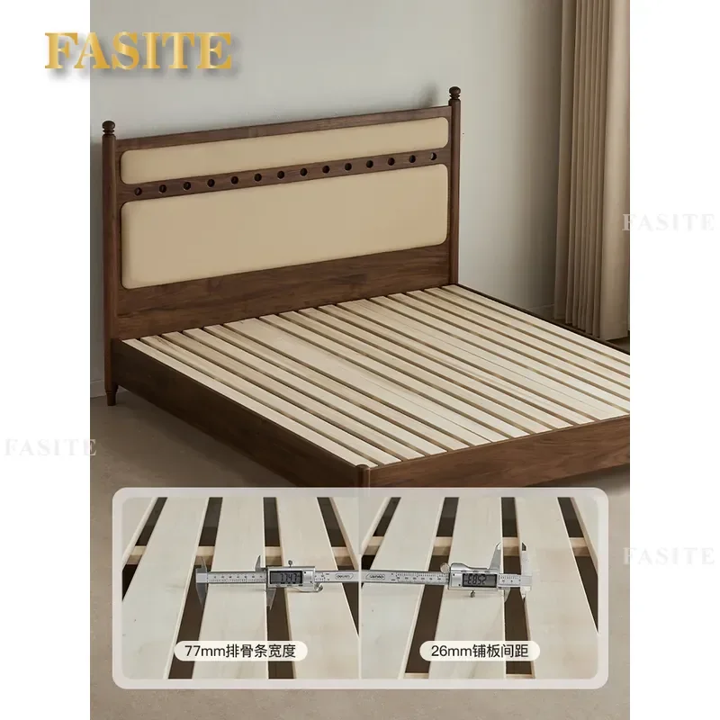 For 1.8m Bed Black Walnut Full Solid Wood Double Bed French Medieval Retro Style Master Bedroom High Backrest Soft