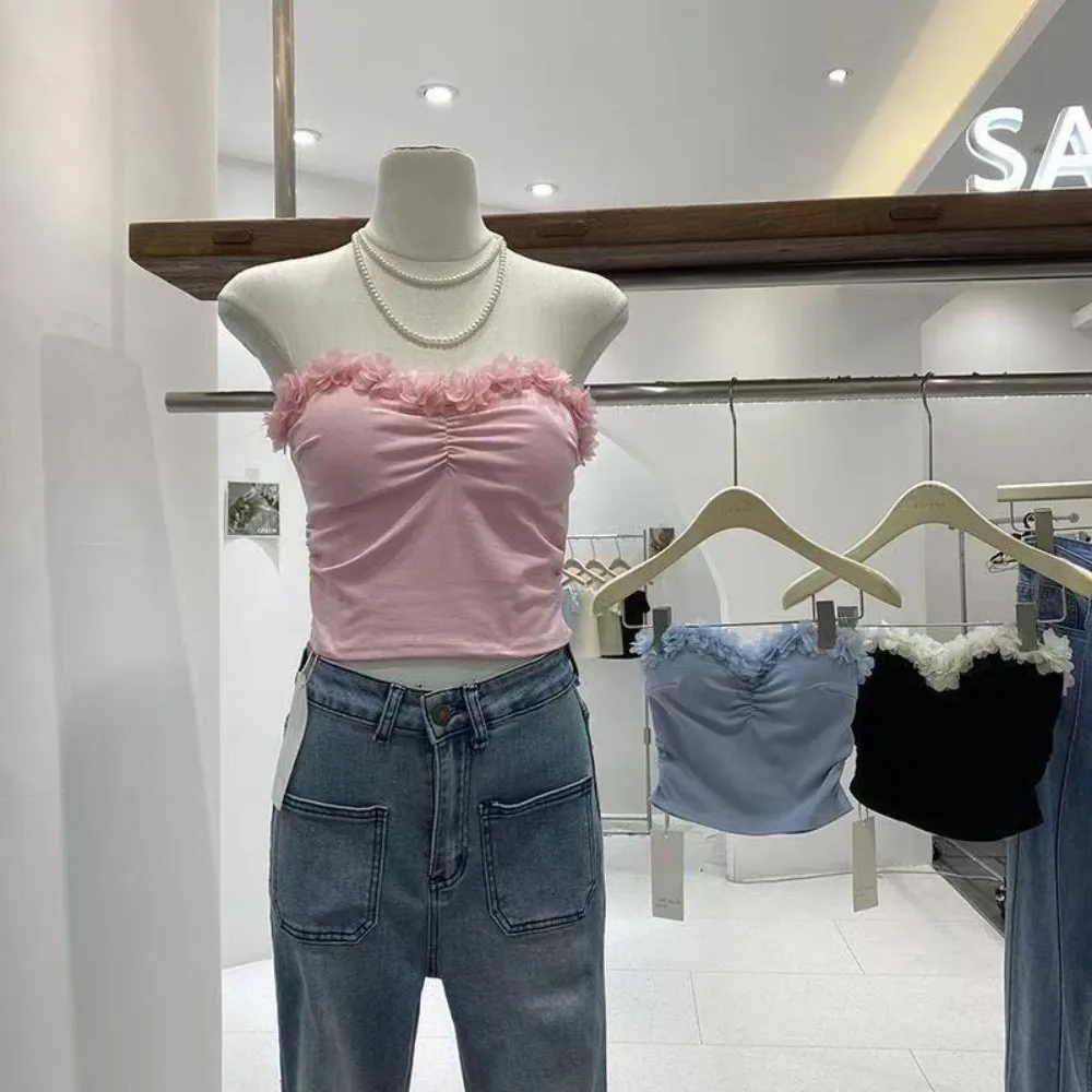 Socialite Style 3D Flower Camisole 3D Flower Decoration Sleeveless Suspender Vest Wrap The Chest Slim Fit Tanks Crop Tops