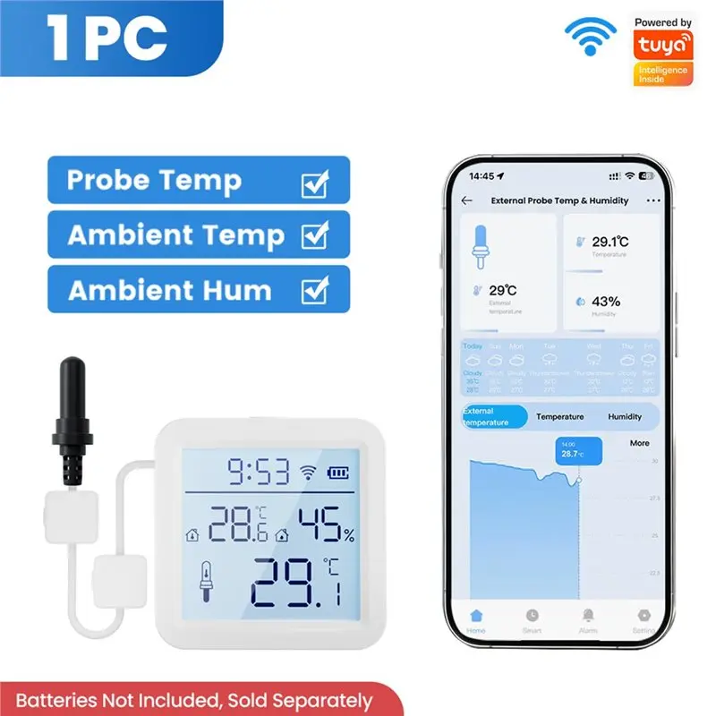 ABZV-Thermo-Hygro Meter Wifi Temperature And Humidity Sensor Tuya Smart Home With External Probe APP Remote Data View