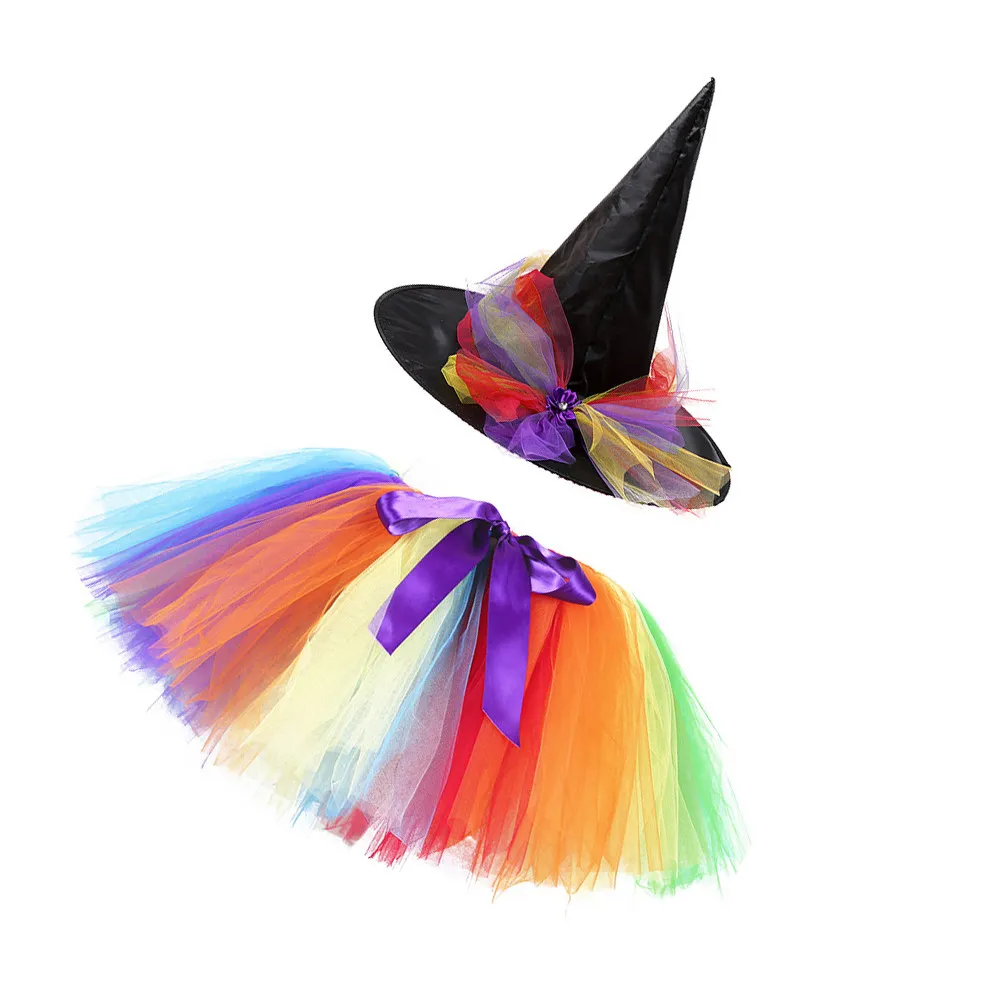 

2Pcs Halloween Witch Set Rainbow Mesh Tutu Dress Hat Size Party Costume Skirt Set Breathable Comfortable