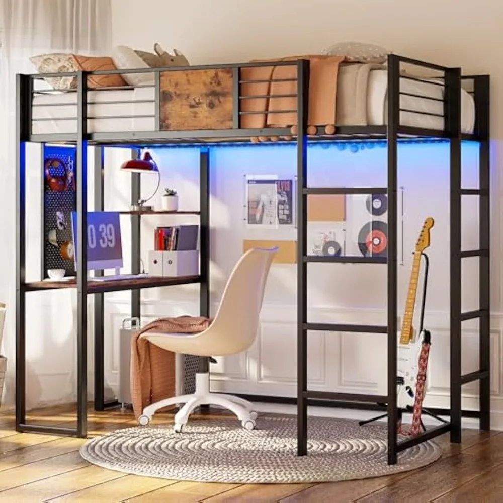 Loft Bed Frame com 2 escadas embutidas, camas LED iluminadas, mesa e prateleiras para adolescentes e adultos, tamanho duplo, tomada de energia