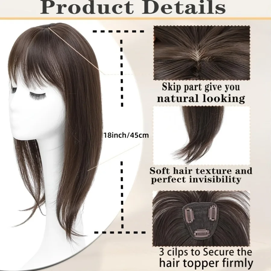 18inch Womens Fashion Hair Topper with Bangs Straight Synthetic Wig Block Natural Looking Bangs Wig Hairpieces for Thinning Hair