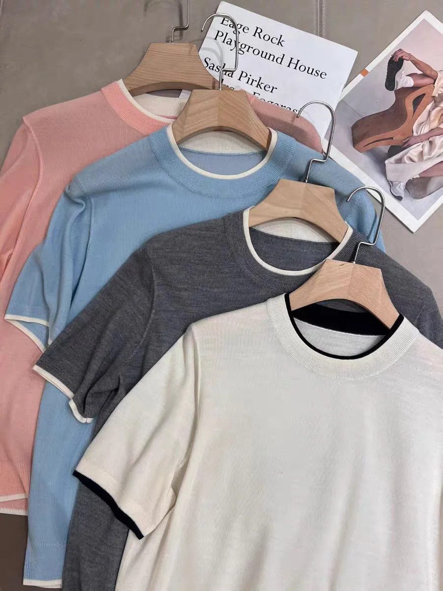 

Women's Contrast Color T-Shirt Silk Wool Short Sleeve O-Neck Casual Knitted Tee Tops