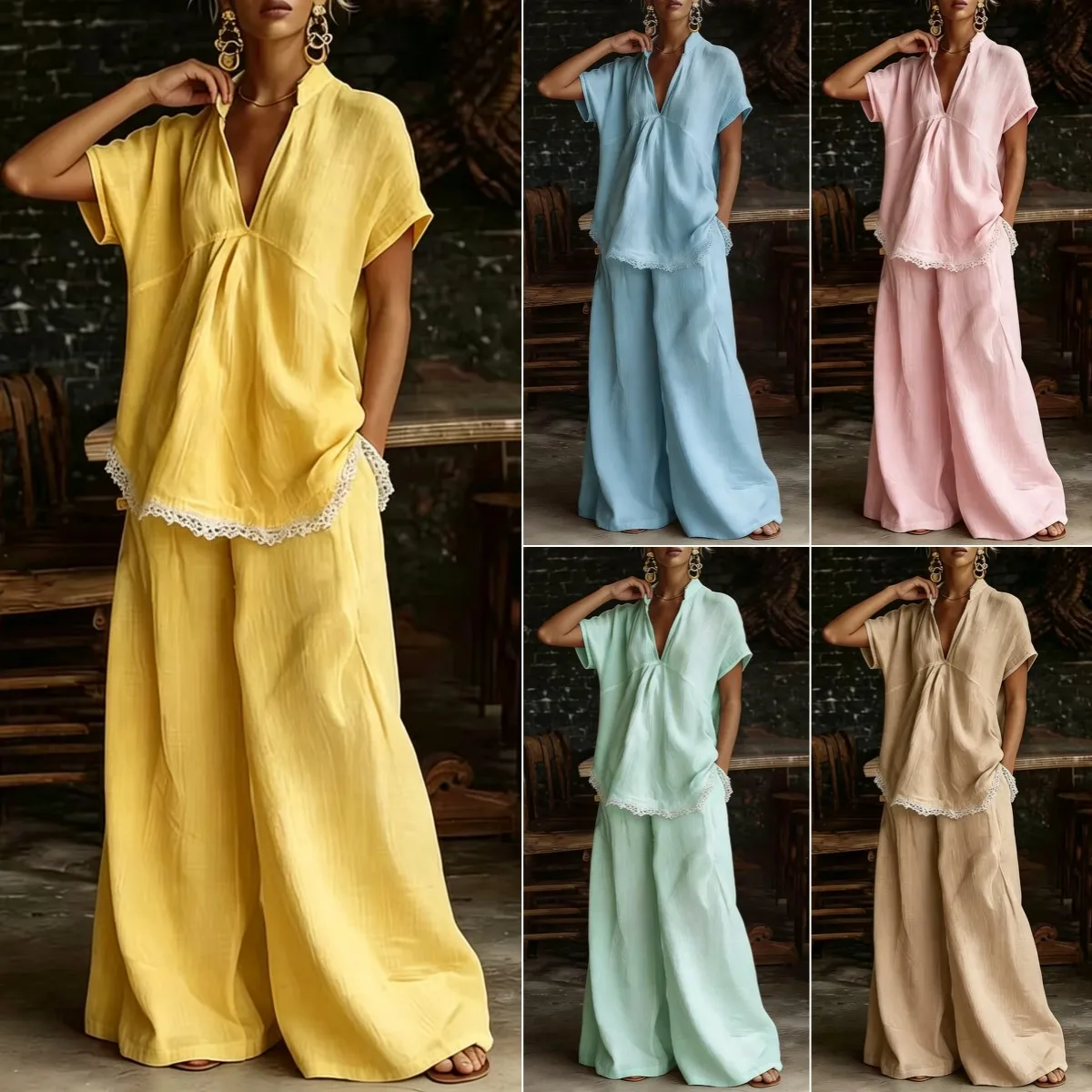 2026 Autumn and Summer New Foreign Trade Women's Short-sleeved Shirt Loose Trousers Two-piece Set Cw45220