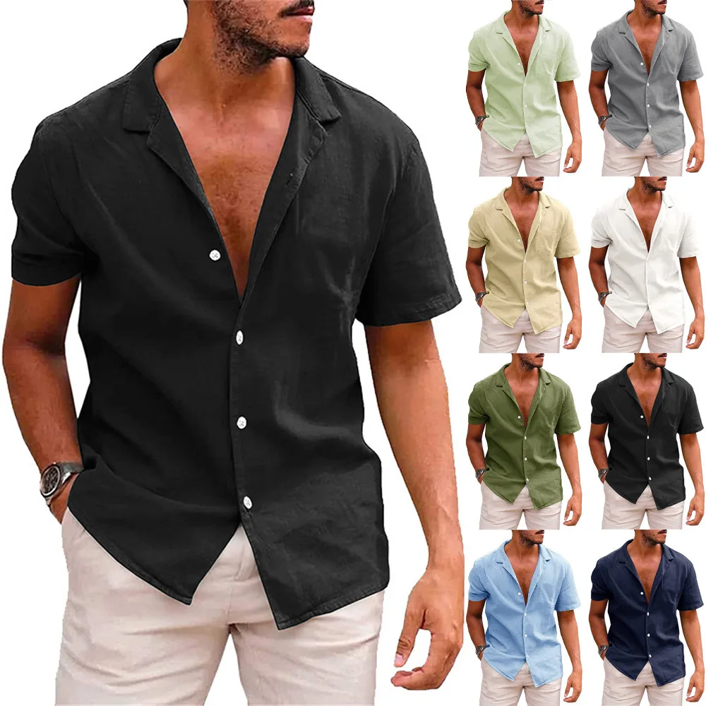 2023 new Cotton Linen Hot Sale Men\'s Short-Sleeved Shirts Summer Solid Color Turn-down collar Casual Beach Style Plus Size