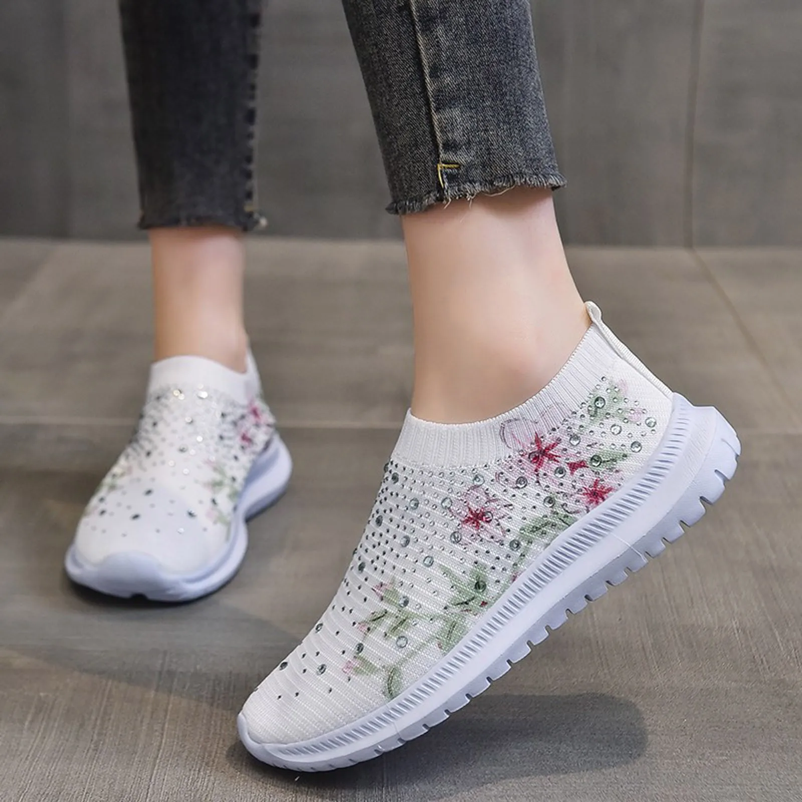Women Shoes Ladies Rhinestone Flower Print Mesh Sports Socks Shoes Breathable  Mesh Outdoor Gym Running Shoes Tennis Sneakers