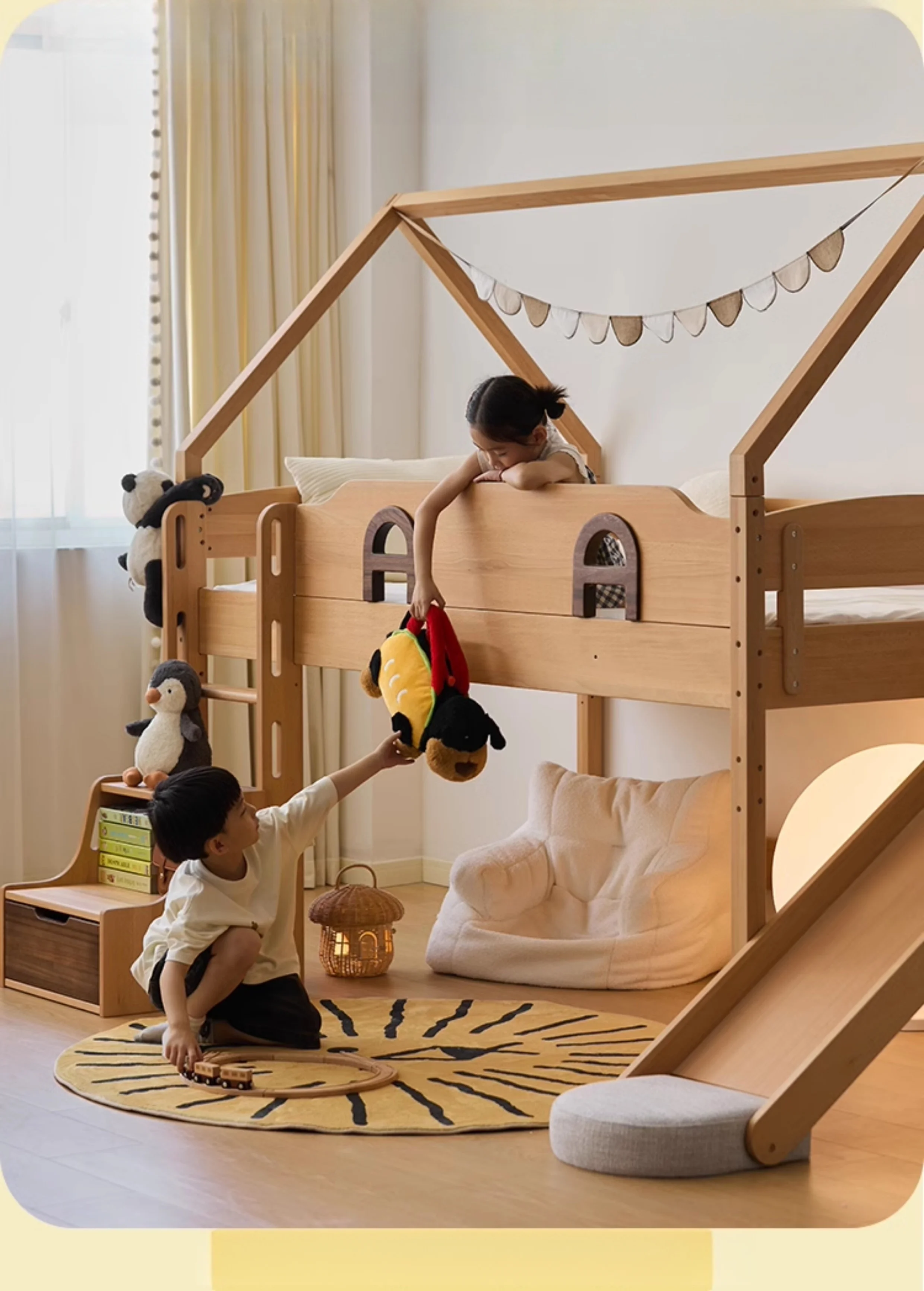 

Solid Wood Kids Tree House Bed Playhouse Wooden Children's Loft Bed with Slide Stairs for Bedroom