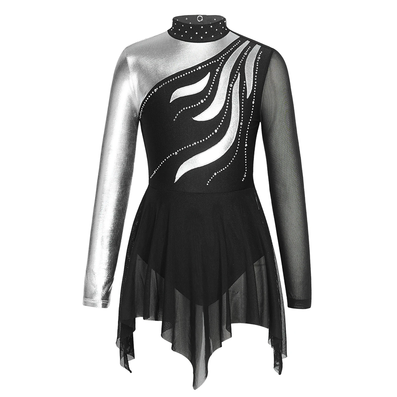 Girls Ballet Ice-skating Leotard Jazz Dance Dress Shiny Rhinestone Long Sleeve Stage Performance Costume Mesh Bronzing Cloth