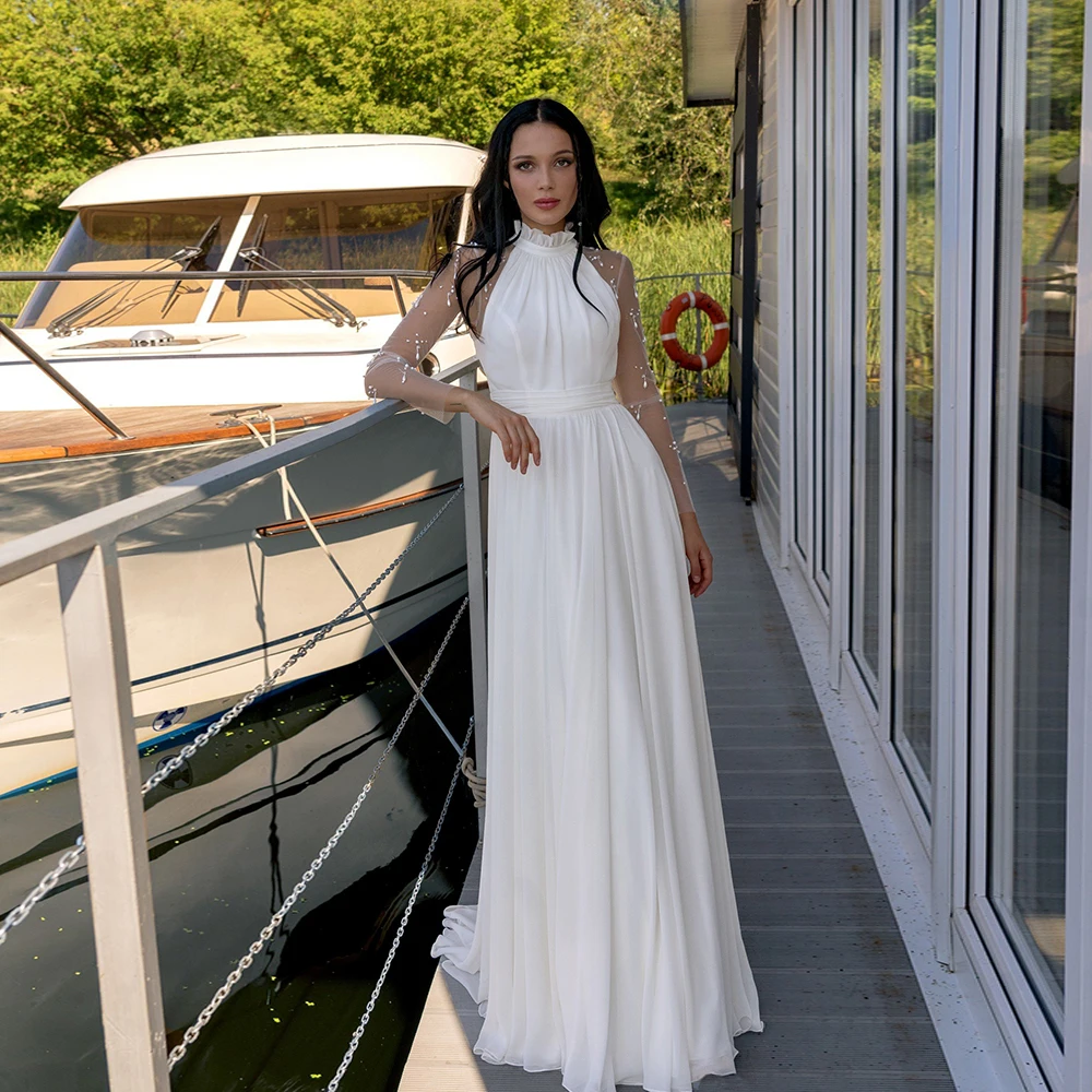 

Elegant Chiffon Wedding Dresses For Bride V Neck High Neck Long Sleeves Bridal Gowns Pearls Sweep Train A-line Robe De Mariee