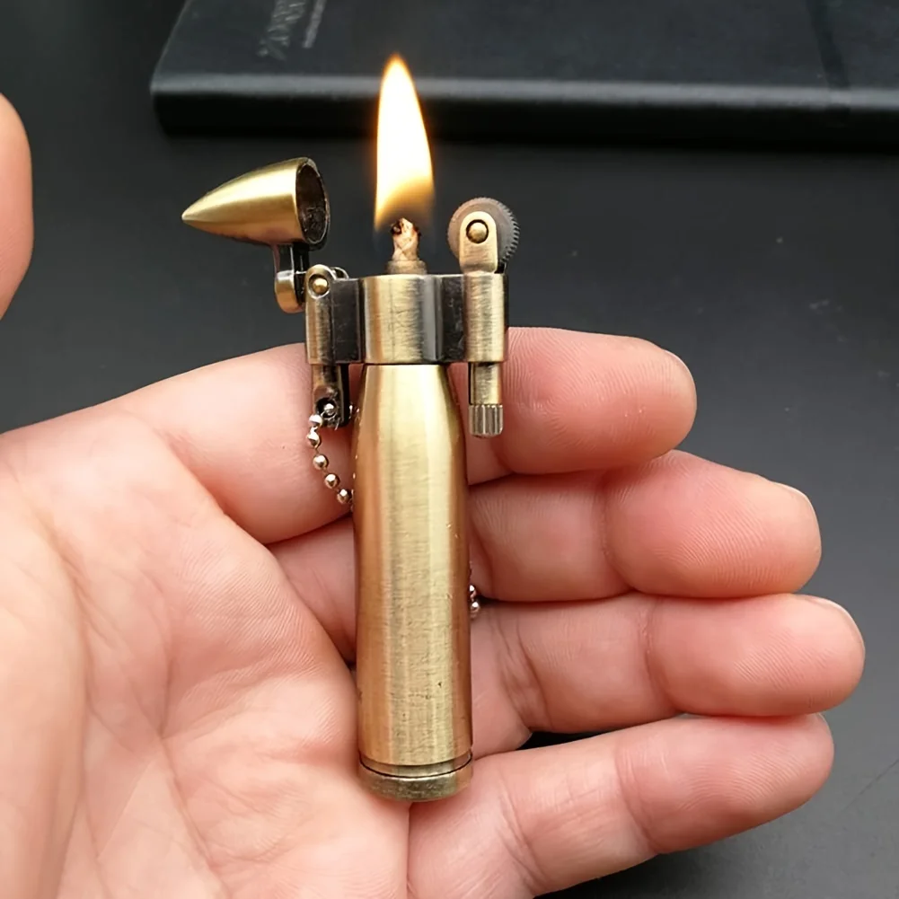 Retro Bullet-shaped Oil Lighter with Keychain Suitable for Outdoor Survival, Refillable Cigarette Lighters Smoking Accessories