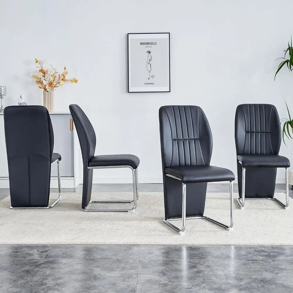 

Set of 4 Upholstered Dining Chairs with PU Leather High Back and Metal Legs for Kitchen, Living Room - Black