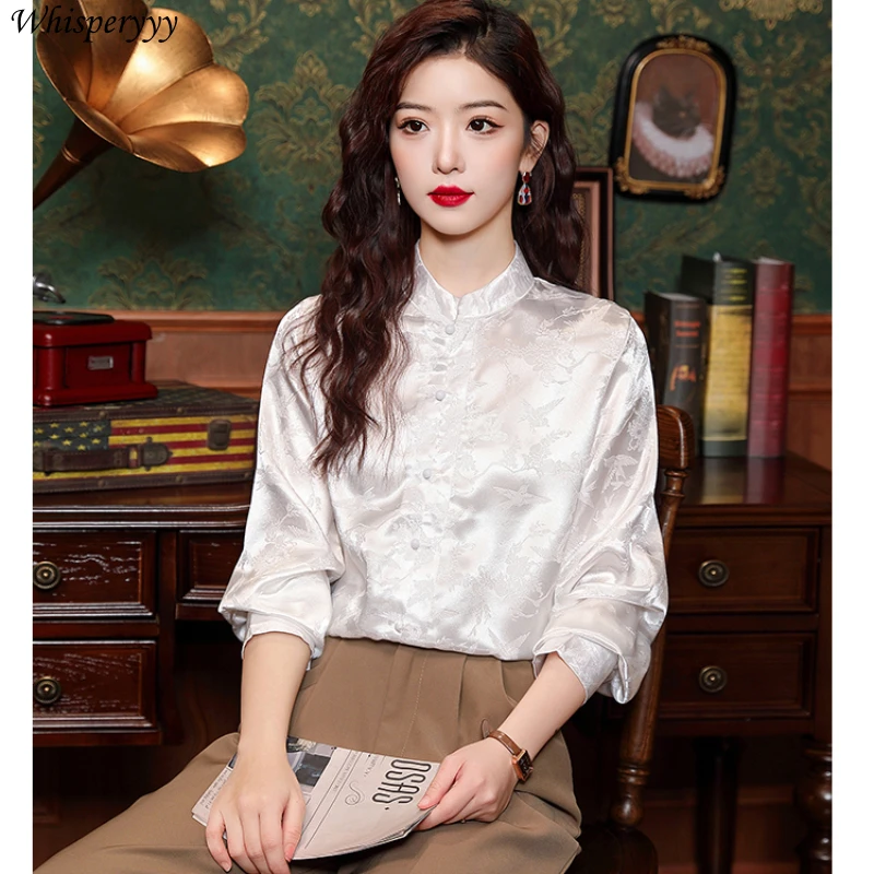 Retro Stand-up Collar Satin Long-sleeved Shirt Women's Casual Blusas De Elegantes Spring Autumn New Cheongsam Style Tops Female