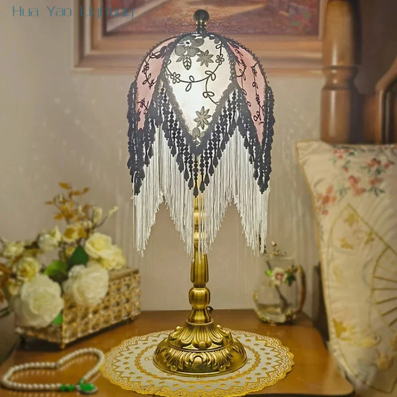 French Floor Lamp Retro Tassel Design Green Patterned Fabric Lampshade Princess Bedroom Bedside Light Living Room Decor