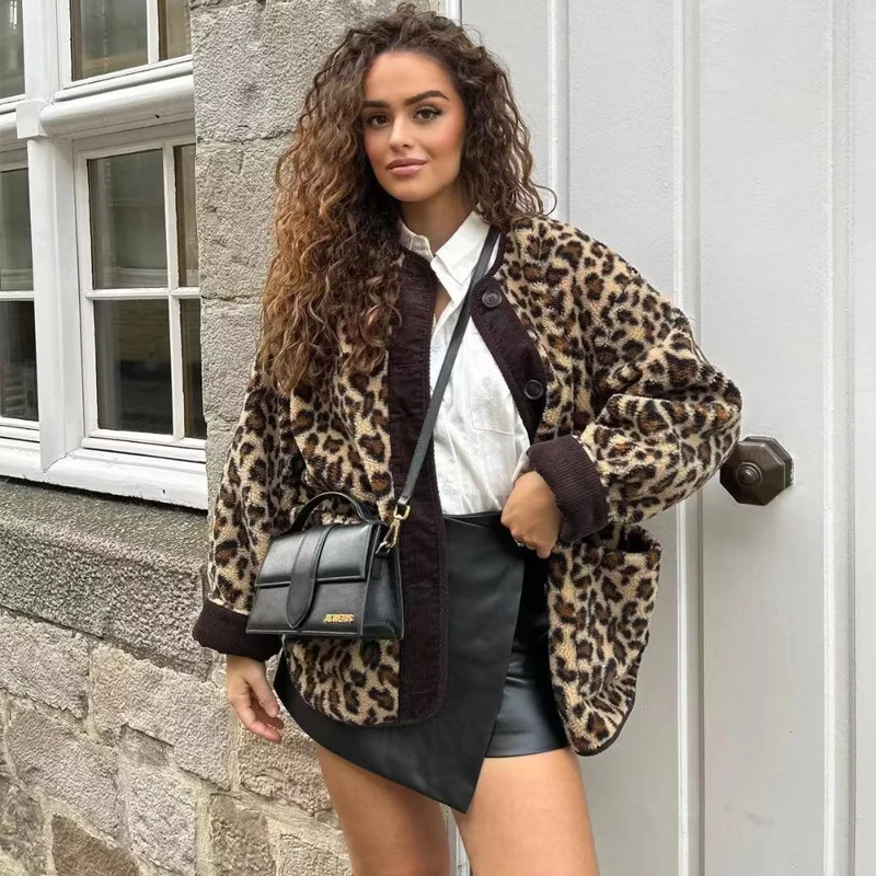 TRAF 2023 Leopard Plush Jacket Woman Button Oversized Jacket Women Coats Long Sleeve Jackets for Women Streetwear Outerwear