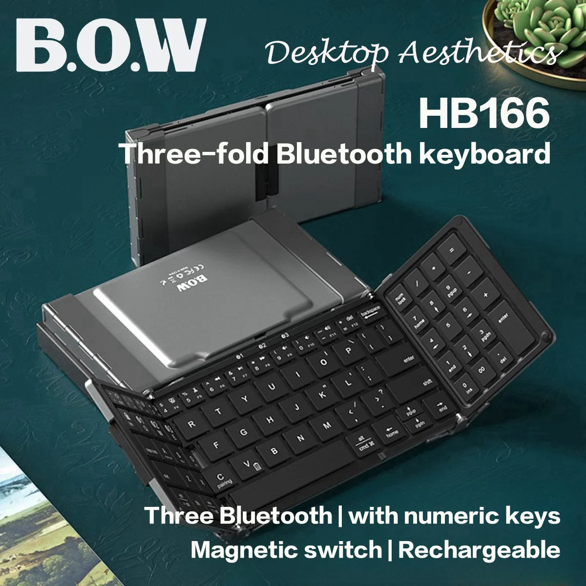 B.O.W HB166  wireless Collapsible Bluetooth keyboard with 81 keys compact and portable with numeric keys rechargeable