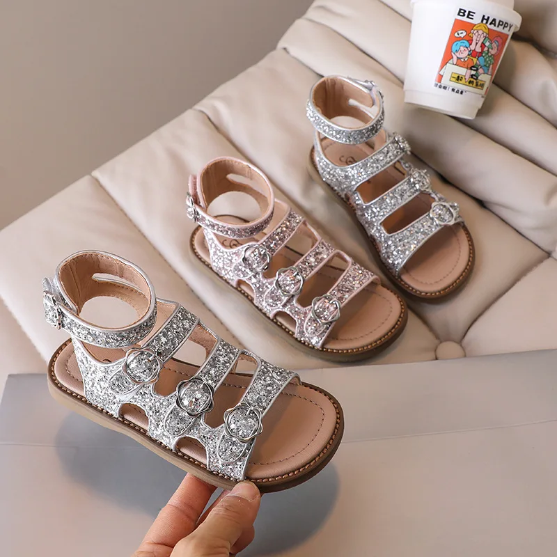 

Summer Sandals for Girls Fashion High Top Hollow Roman Sandals Sequins Princess Girls Shoes Comfortable Soft Sole Kids Shoes