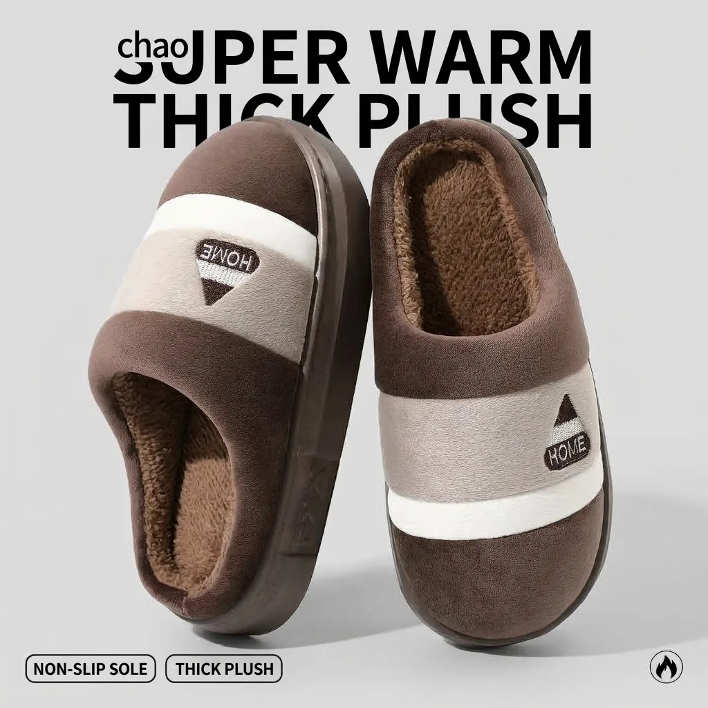 Große Herren-Winter-Hausschuhe, warm, mit dickem Plüschfleece-Futter, Plateau-Sohle, leise, rutschfest, Baumwoll-Slides, flache Mules – Detail 2