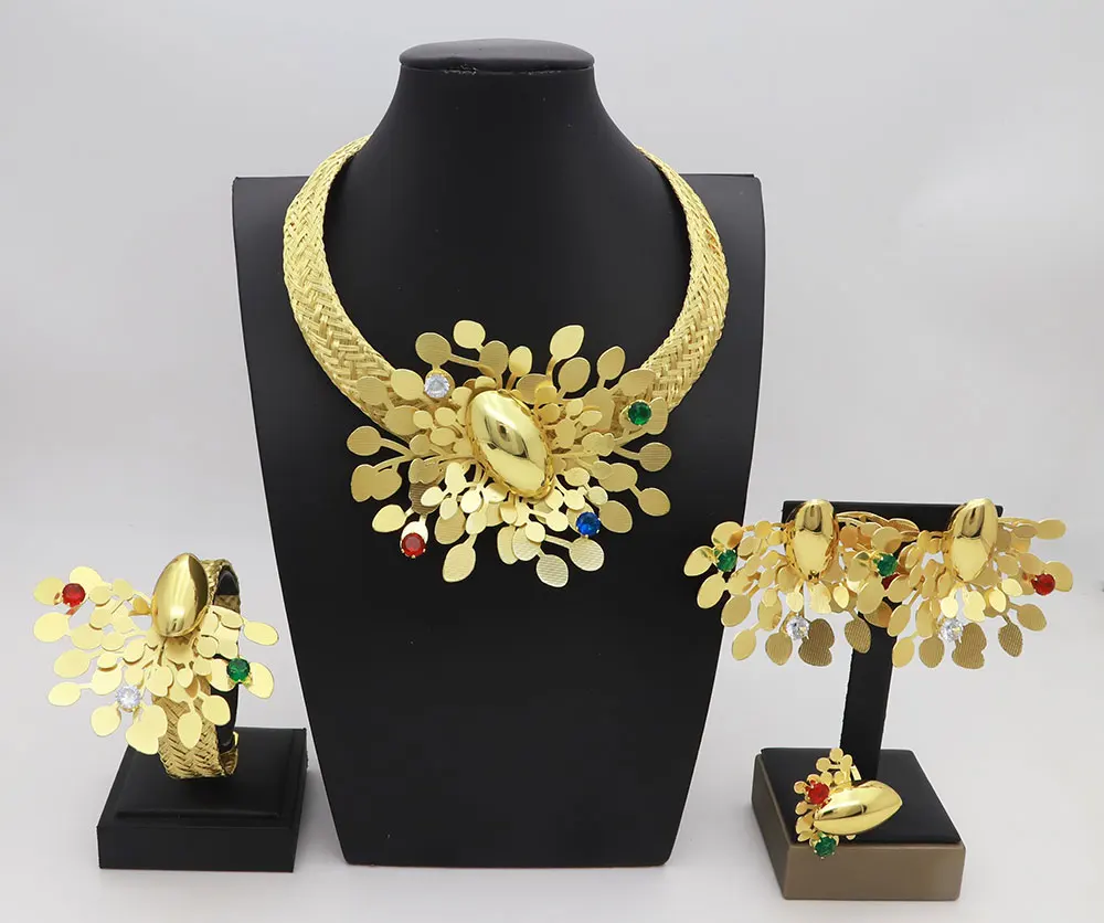

Высококачественный комплект ювелирных изделий для женщин, 24-каратное позолоченное классическое дизайнерское ожерелье, серьги, браслет и кольцо, трендовый подарок для свадебной вечеринки